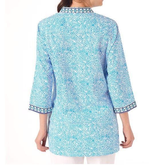 Foxcroft for Appleseed’s Wrinkle Free Y-neck Tunic green white mosaic cotton 14P - Picture 2 of 16